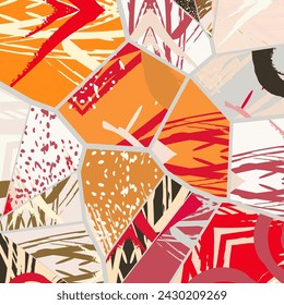 Patrón asimétrico de collage abstracto. Arte digital a mano alzada, textura grunge. Vector patchwork fondo de tejido. Elementos decorativos, trazos de pincel adorno para flyer, póster, cubierta, impresión de tela textil