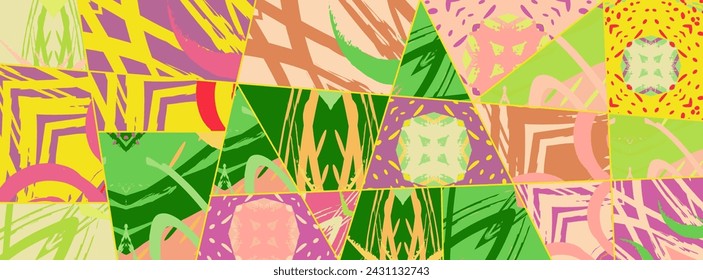 Patrón asimétrico de collage abstracto. Arte digital a mano alzada, textura grunge. Vector patchwork fondo de tejido. Elementos decorativos, trazos de pincel adorno para flyer, póster, cubierta, impresión de tela textil
