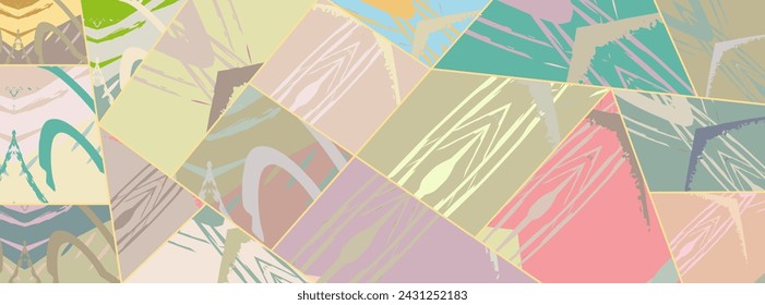 Abstract collage asymmetric pattern. Digital freehand art, grunge texture. Vector patchwork quilt background. Decorative elements, brush strokes ornament for flyer, poster, cover, textile fabric print