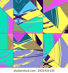 Abstract collage asymmetric pattern. Digital freehand art, grunge texture. Vector patchwork quilt background. Decorative elements, brush strokes ornament for flyer, poster, cover, textile fabric print
