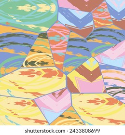 Abstract collage asymmetric pattern. Digital freehand art, grunge texture. Vector patchwork quilt background. Decorative elements, brush strokes ornament for flyer, poster, cover, textile fabric print