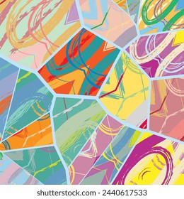 Abstract collage asymmetric pattern. Digital freehand art, grunge texture. Vector patchwork quilt background. Decorative elements, brush strokes ornament for flyer, poster, cover, textile fabric print