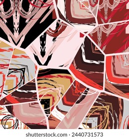 Patrón asimétrico de collage abstracto. Arte digital a mano alzada, textura grunge. Vector patchwork fondo de tejido. Elementos decorativos, trazos de pincel adorno para flyer, póster, cubierta, impresión de tela textil