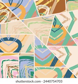 Patrón asimétrico de collage abstracto. Arte digital a mano alzada, textura grunge. Vector patchwork fondo de tejido. Elementos decorativos, trazos de pincel adorno para flyer, póster, cubierta, impresión de tela textil
