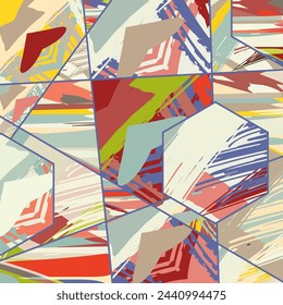 Asymmetrisches Muster einer abstrakten Collage. Digitale Freihand-Kunst, Grunge-Textur. Vektor-Patchwork-Sammelflächen-Hintergrund. Dekorative Elemente, Pinselstriche Ornament für Flyer, Poster, Abdeckung, Textilgewebe-Druck