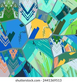 Abstract collage asymmetric pattern. Digital freehand art, grunge texture. Vector patchwork quilt background. Decorative elements, brush strokes ornament for flyer, poster, cover, textile fabric print