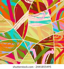 Abstract collage asymmetric pattern. Digital freehand art, grunge texture. Vector patchwork quilt background. Decorative elements, brush strokes ornament for flyer, poster, cover, textile fabric print