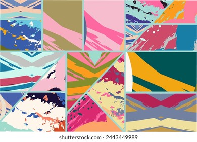 Abstract collage asymmetric pattern. Digital freehand art, grunge texture. Vector patchwork quilt background. Decorative elements, brush strokes ornament for flyer, poster, cover, textile fabric print