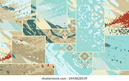 Patrón asimétrico de collage abstracto. Arte digital a mano alzada, textura grunge. Vector patchwork fondo de tejido. Elementos decorativos, trazos de pincel adorno para flyer, póster, cubierta, impresión de tela textil