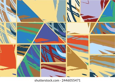 Abstract collage asymmetric pattern. Digital freehand art, grunge texture. Vector patchwork quilt background. Decorative elements, brush strokes ornament for flyer, poster, cover, textile fabric print