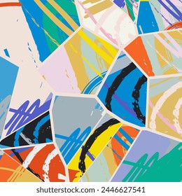 Abstract collage asymmetric pattern. Digital freehand art, grunge texture. Vector patchwork quilt background. Decorative elements, brush strokes ornament for flyer, poster, cover, textile fabric print