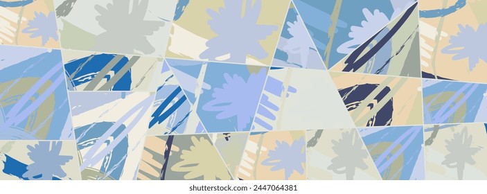 Abstract collage asymmetric pattern. Digital freehand art, grunge texture. Vector patchwork quilt background. Decorative elements, brush strokes ornament for flyer, poster, cover, textile fabric print