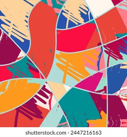 Abstract collage asymmetric pattern. Digital freehand art, grunge texture. Vector patchwork quilt background. Decorative elements, brush strokes ornament for flyer, poster, cover, textile fabric print