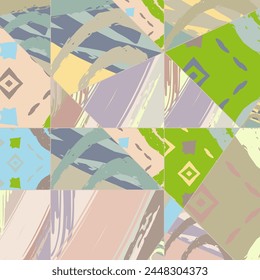 Abstractas patrón asimétrico de collage. Arte digital a mano alzada, textura grunge. Fondo de edredón de patchwork Vector. Elementos decorativos, adorno de pinceladas para flyer, póster, cubierta, tela textil impresión