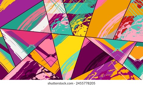 Abstraktes asymmetrisches Collagenmuster. Digitale Freihand-Kunst, Grunge-Textur. Vektorgrafik Patchwork Quilt Hintergrund. Dekorative Elemente, Pinselstriche Ornament für Flyer, Poster, Bezug, Textilgewebe-Druck