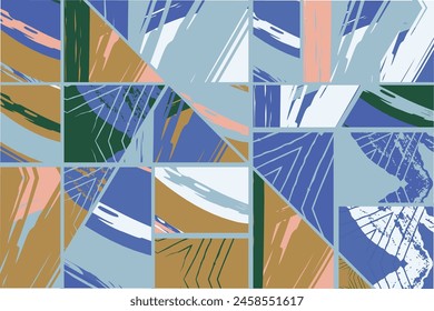 Abstract collage asymmetric pattern. Digital freehand art, grunge texture. Vector patchwork quilt background. Decorative elements, brush strokes ornament for flyer, poster, cover, textile fabric print