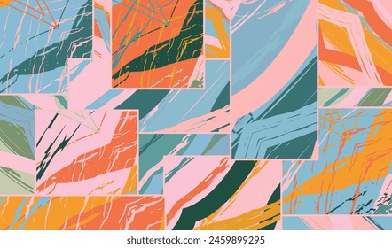 Abstractas patrón asimétrico de collage. Arte digital a mano alzada, textura grunge. Fondo de edredón de patchwork Vector. Elementos decorativos, adorno de pinceladas para flyer, póster, cubierta, tela textil impresión