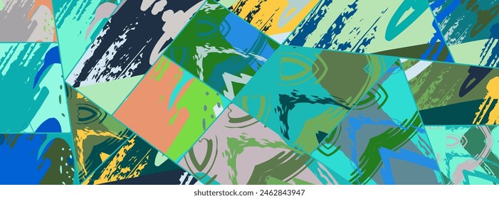 Abstractas patrón asimétrico de collage. Arte digital a mano alzada, textura grunge. Fondo de edredón de patchwork Vector. Elementos decorativos, adorno de pinceladas para flyer, póster, cubierta, tela textil impresión