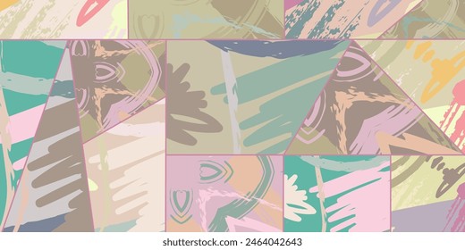 Abstractas patrón asimétrico de collage. Arte digital a mano alzada, textura grunge. Fondo de edredón de patchwork Vector. Elementos decorativos, adorno de pinceladas para flyer, póster, cubierta, tela textil impresión