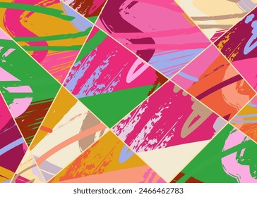 Abstract collage asymmetric pattern. Digital freehand art, grunge texture. Vector patchwork quilt background. Decorative elements, brush strokes ornament for flyer, poster, cover, textile fabric print