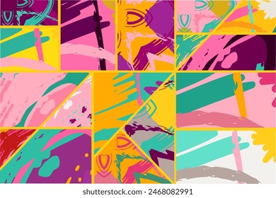 Abstract collage asymmetric pattern. Digital freehand art, grunge texture. Vector patchwork quilt background. Decorative elements, brush strokes ornament for flyer, poster, cover, textile fabric print
