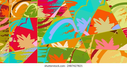 Abstract collage asymmetric pattern. Digital freehand art, grunge texture. Vector patchwork quilt background. Decorative elements, brush strokes ornament for flyer, poster, cover, textile fabric print