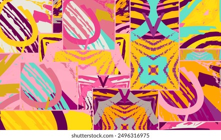 Abstract collage asymmetric pattern. Digital freehand art, grunge texture. Vector patchwork quilt background. Decorative elements, brush strokes ornament for flyer, poster, cover, textile fabric print