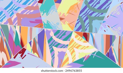 Abstractas patrón asimétrico de collage. Arte digital a mano alzada, textura grunge. Fondo de edredón de retazos de Vector. Elementos decorativos, pinceladas ornamento para volante, cartel, cubierta, impresión de tela textil