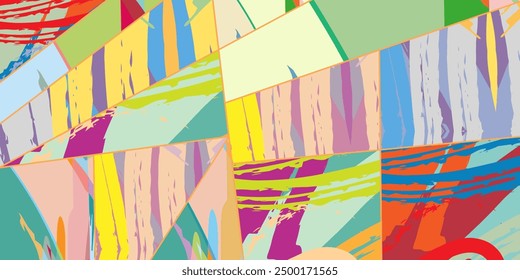 Abstractas patrón asimétrico de collage. Arte digital a mano alzada, textura grunge. Fondo de edredón de retazos de Vector. Elementos decorativos, pinceladas ornamento para volante, cartel, cubierta, impresión de tela textil