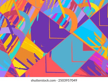 Abstract collage asymmetric pattern. Digital freehand art, grunge texture. Vector patchwork quilt background. Decorative elements, brush strokes ornament for flyer, poster, cover, textile fabric print