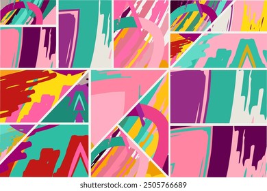 Abstract collage asymmetric pattern. Digital freehand art, grunge texture. Vector patchwork quilt background. Decorative elements, brush strokes ornament for flyer, poster, cover, textile fabric print