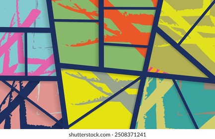 Abstract collage asymmetric pattern. Digital freehand art, grunge texture. Vector patchwork quilt background. Decorative elements, brush strokes ornament for flyer, poster, cover, textile fabric print