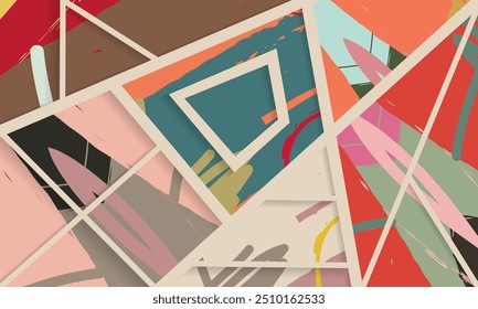 Abstractas patrón asimétrico de collage. Arte digital a mano alzada, textura grunge. Fondo de edredón de retazos de Vector. Elementos decorativos, pinceladas ornamento para volante, cartel, cubierta, impresión de tela textil