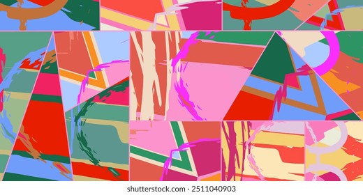 Abstrakte Collage asymmetrischen Muster. Digitale Freihandkunst, farbige Textur. Vektor-Patchwork-Stepphintergrund. Dekorative Elemente, Pinselstriche Ornament für Flyer, Poster, Cover, Stoffdruck