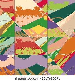 Padrão assimétrico de colagem abstrata. Arte livre digital, textura grunge. Fundo de colcha de retalhos de vetor. Elementos decorativos, pinceladas ornamento para folheto, cartaz, capa, tecido têxtil impressão