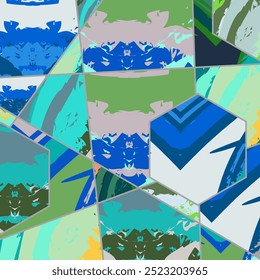 Abstract collage asymmetric pattern. Digital freehand art, grunge texture. Vector patchwork quilt background. Decorative elements, brush strokes ornament for flyer, poster, cover, textile fabric print