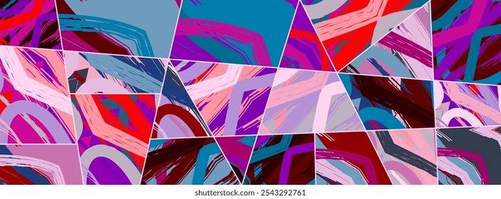 Abstract collage asymmetric pattern. Digital freehand art, grunge texture. Vector patchwork quilt background. Decorative elements, brush strokes ornament for flyer, poster, cover, textile fabric print