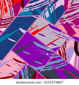 Abstract collage asymmetric pattern. Digital freehand art, grunge texture. Vector patchwork quilt background. Decorative elements, brush strokes ornament for flyer, poster, cover, textile fabric print