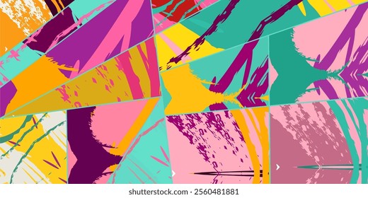 Abstract collage asymmetric pattern. Digital freehand art, grunge texture. Vector patchwork quilt background. Decorative elements, brush strokes ornament for flyer, poster, cover, textile fabric print