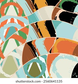 Abstract collage asymmetric pattern. Digital freehand art, grunge texture. Vector patchwork quilt background. Decorative elements, brush strokes ornament for flyer, poster, cover, textile fabric print