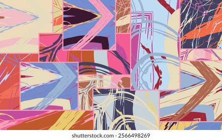 Abstract collage asymmetric pattern. Digital freehand art, grunge texture. Vector patchwork quilt background. Decorative elements, brush strokes ornament for flyer, poster, cover, textile fabric print
