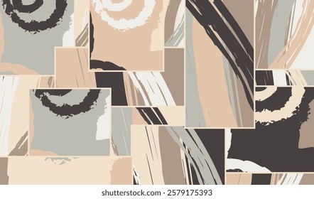Abstract collage asymmetric pattern. Digital freehand art, grunge texture. Vector patchwork quilt background. Decorative elements, brush strokes ornament for flyer, poster, cover, textile fabric print