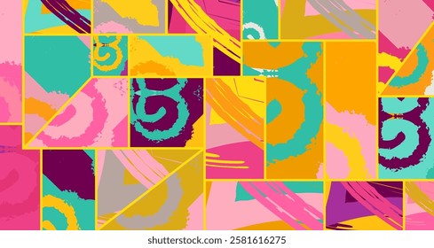 Abstract collage asymmetric pattern. Digital freehand art, grunge texture. Vector patchwork quilt background. Decorative elements, brush strokes ornament for flyer, poster, cover, textile fabric print