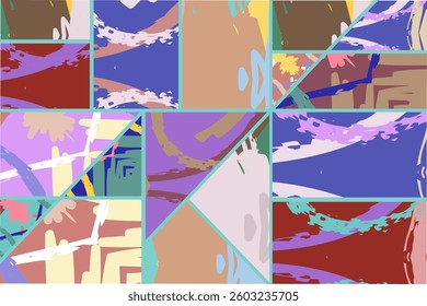 Abstract collage asymmetric pattern. Digital freehand art, grunge texture. Vector patchwork quilt background. Decorative elements, brush strokes ornament for flyer, poster, cover, textile fabric print