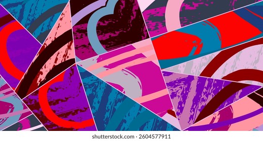 Abstract collage asymmetric pattern. Digital freehand art, grunge texture. Vector patchwork quilt background. Decorative elements, brush strokes ornament for flyer, poster, cover, textile fabric print