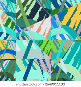 Abstract collage asymmetric pattern. Digital freehand art, grunge texture. Vector patchwork quilt background. Decorative elements, brush strokes ornament for flyer, poster, cover, textile fabric print