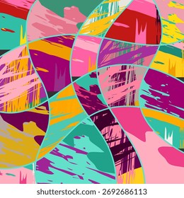 Abstrakte Collage asymmetrischen Muster. Digitale Freihandkunst, farbige Textur. Vektor-Patchwork-Stepphintergrund. Dekorative Elemente, Pinselstriche Ornament für Flyer, Poster, Cover, Stoffdruck