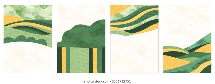 Abstract collage background - geometric shape, vector art design, green field, wheat, vineyard. Minimalist sustainable nature illustration, eco-friendly texture, poster, brochure, watercolor layout