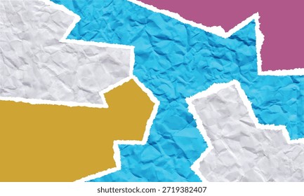 Fondo de collage Abstractas con texto de periódico desgarrado, composición abstracta vibrante con texturas de papel desgarrado en tonos de oro azul y magenta