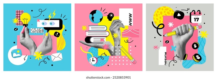 The abstract collage banner for an art school or Online education. The halftone hand and splash elements, modern design. Social media template. Vector illustration